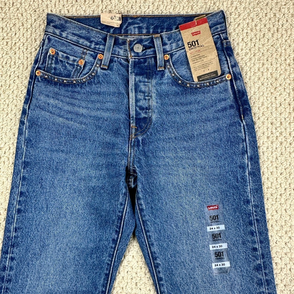 Levis 501 Jeans Womens 24x30 Blue Wash Denim Button Fly Straight Leg Studded